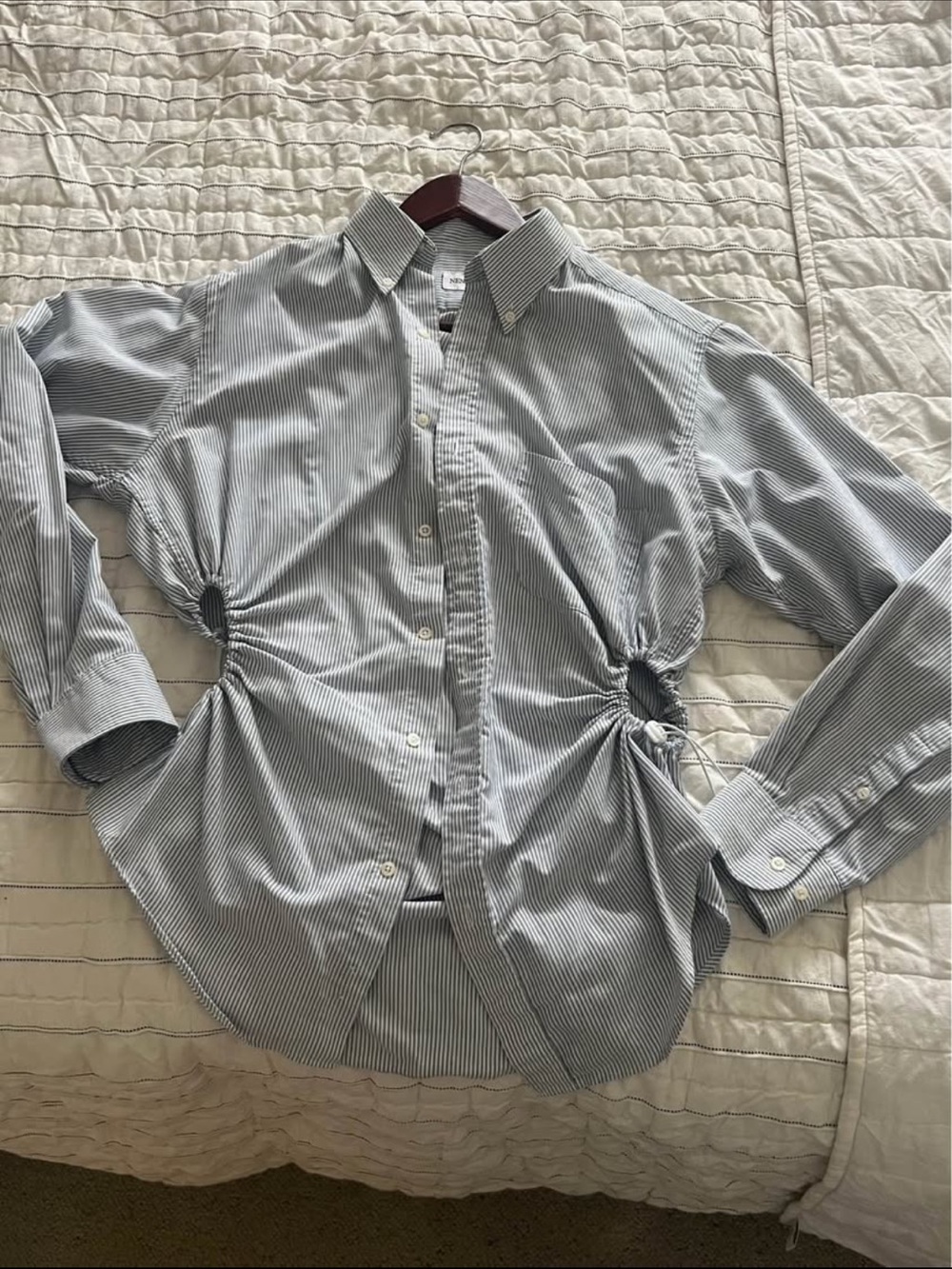 Women’s Casual Button-Down Shirt with bungee Side-Tie Detail - Blue/White Stripe